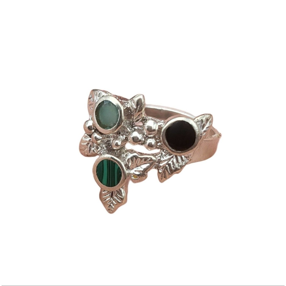 Malachite Jade Onyx Native Floral Design Ring Marked 925 - Picture 2 of 4